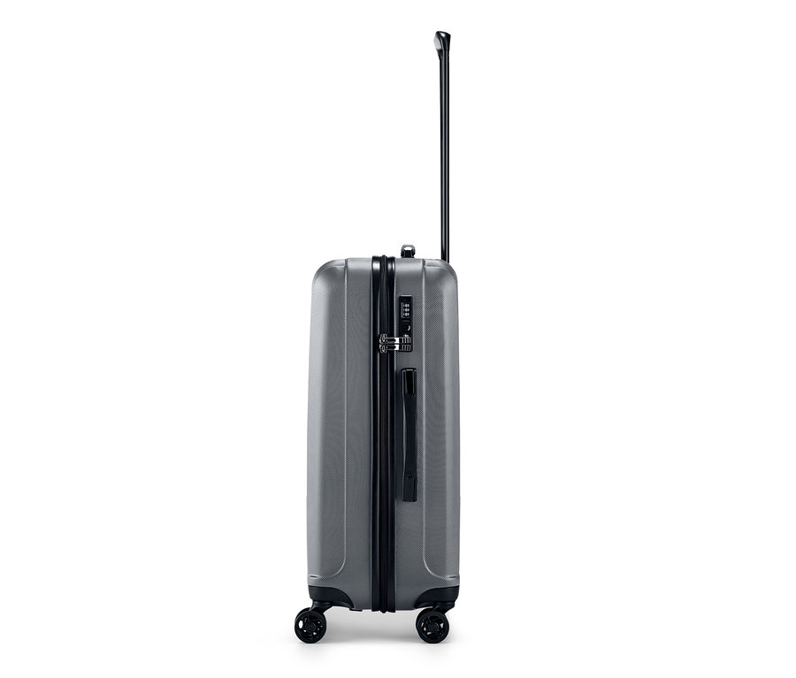 Une valise rigide grise de taille moyenne avec une poignée extensible.