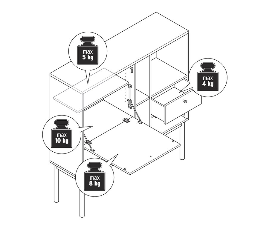 Schéma d'un secrétaire « Bekeson » avec un plateau déplié et une capacité de charge maximale.