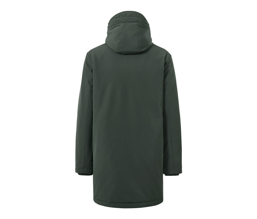 Vue arrière d'une parka verte à capuche.