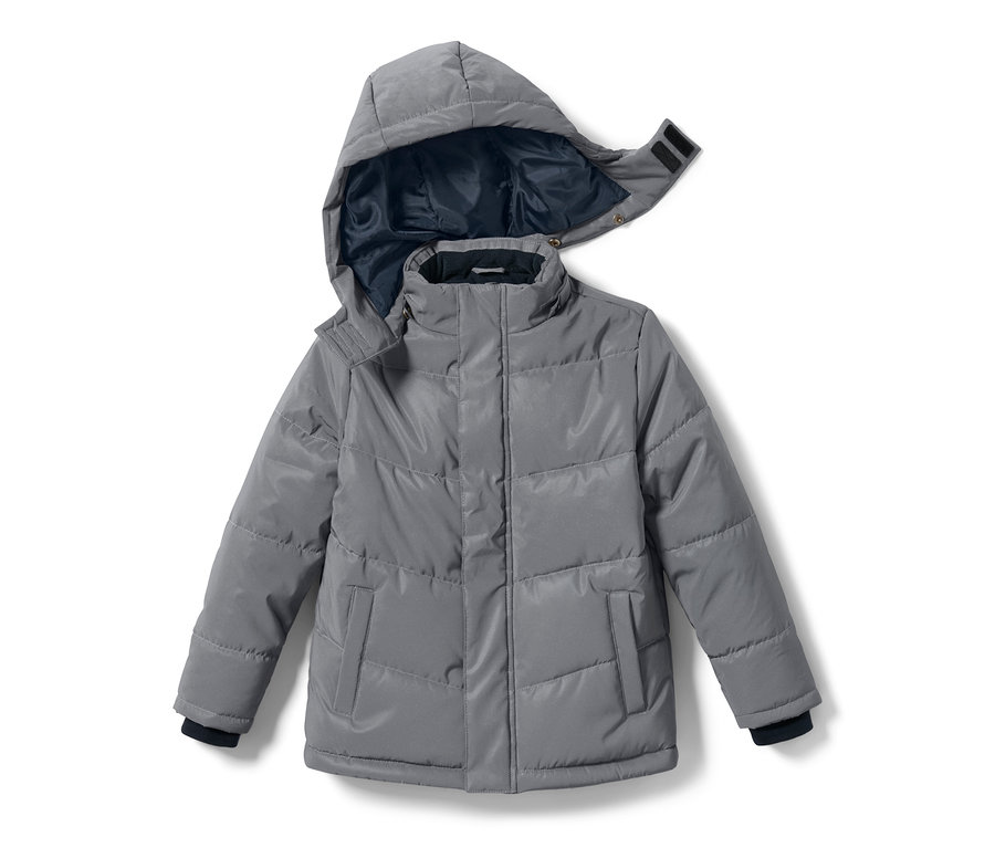 Veste matelassée réfléchissante grise pour enfant avec capuche.