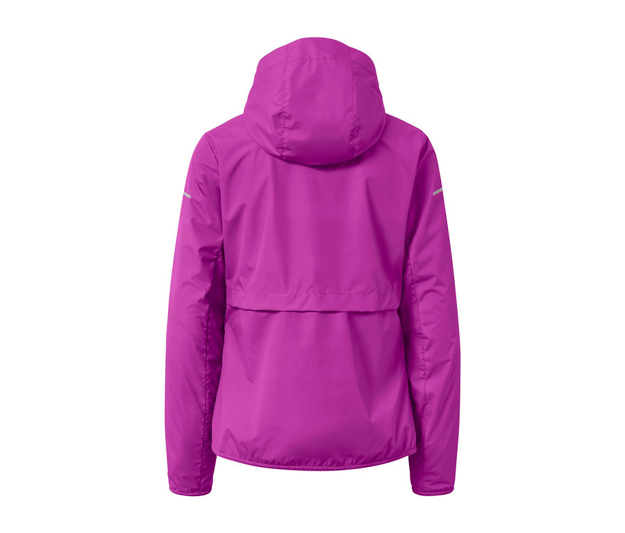 Vue arrière de la veste de course coupe-vent rose baie fluo.