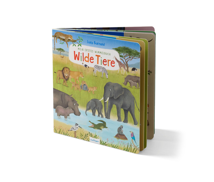 Le livre ouvert « Mein erstes Wimmelbuch – Wilde Tiere » montre des illustrations d'animaux sauvages.