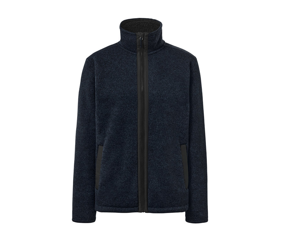 Veste en maille polaire bleu marine avec une fermeture éclair au centre.