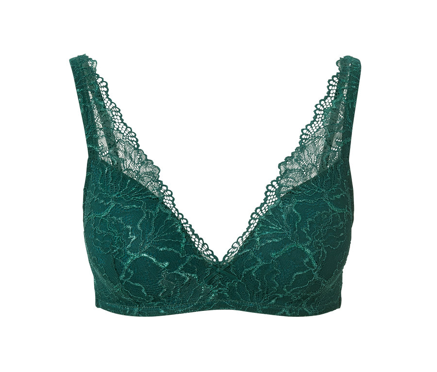 Soutien-gorge à coques souples vert en dentelle.