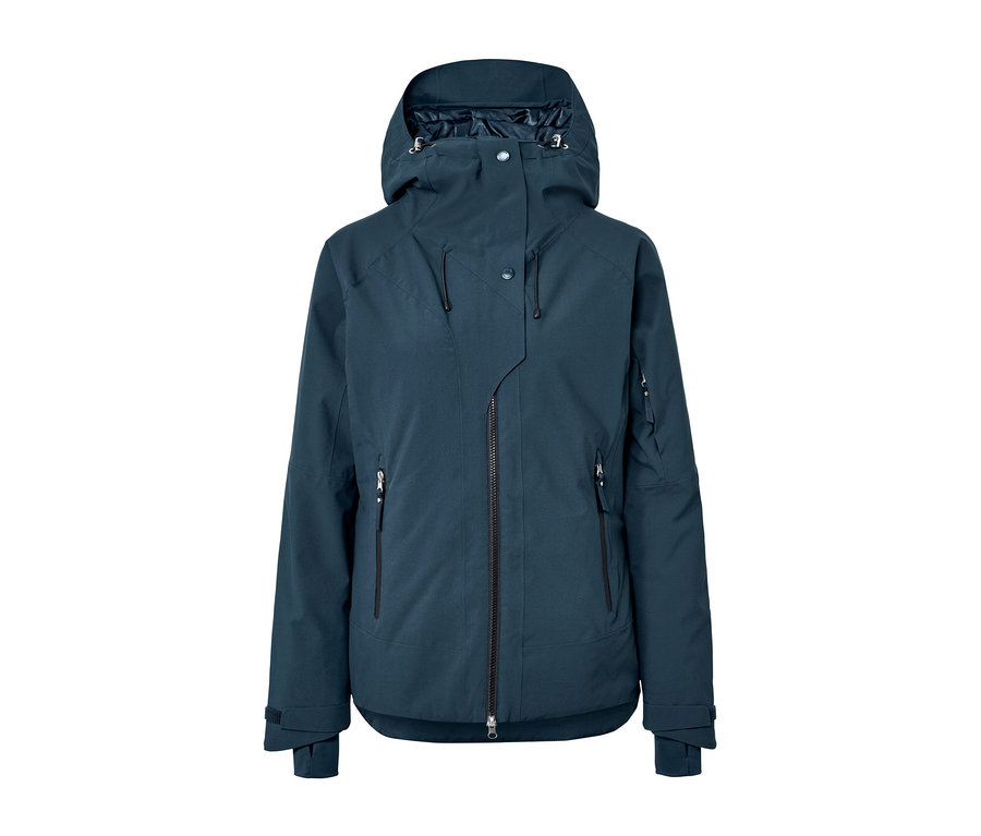 Veste de ski bleu marine sur fond blanc.