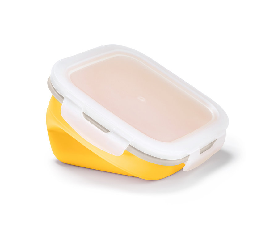 Boîte fraîcheur pliable jaune avec couvercle transparent.