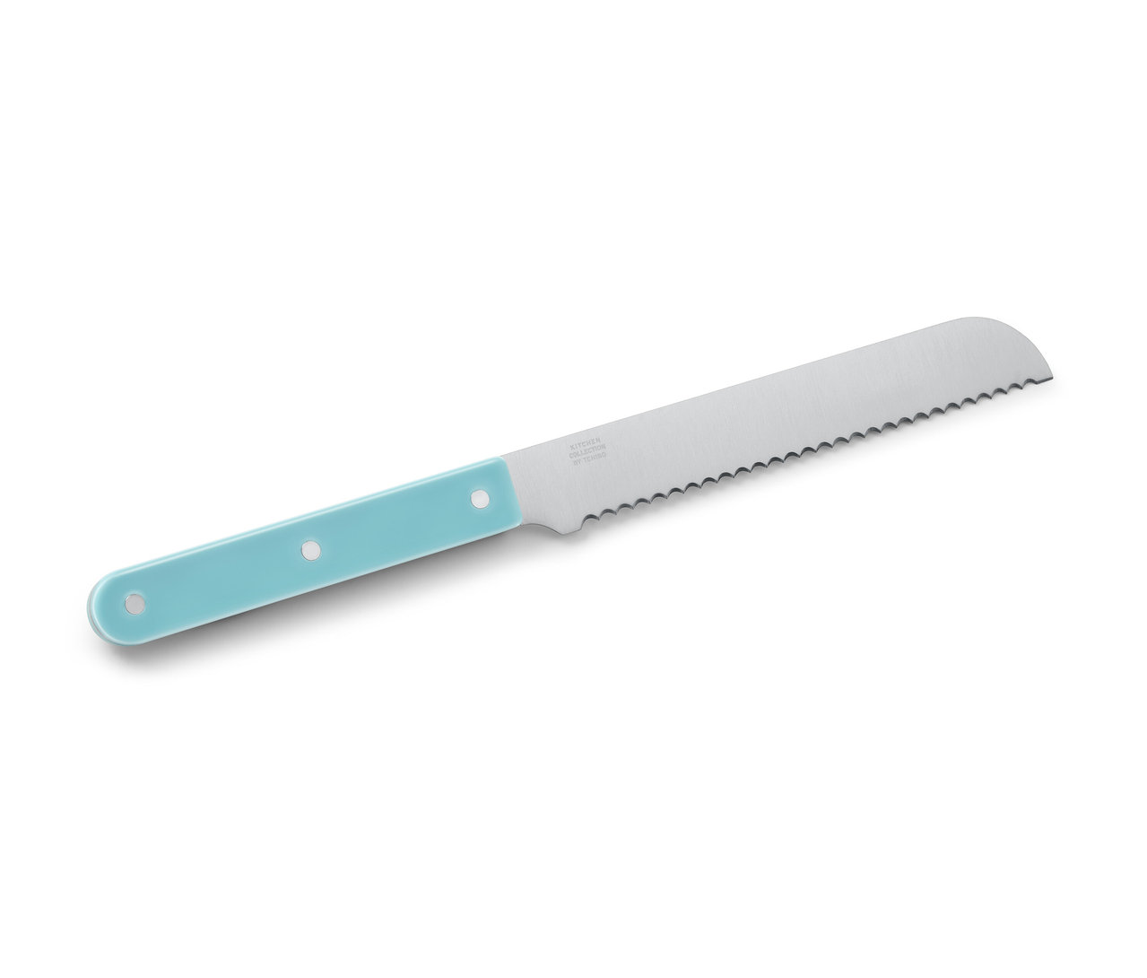 Un couteau de cuisine avec un manche bleu et une lame dentelée.