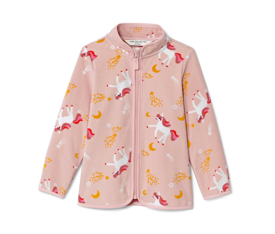 Veste en polaire rose pour enfant avec motif licorne.
