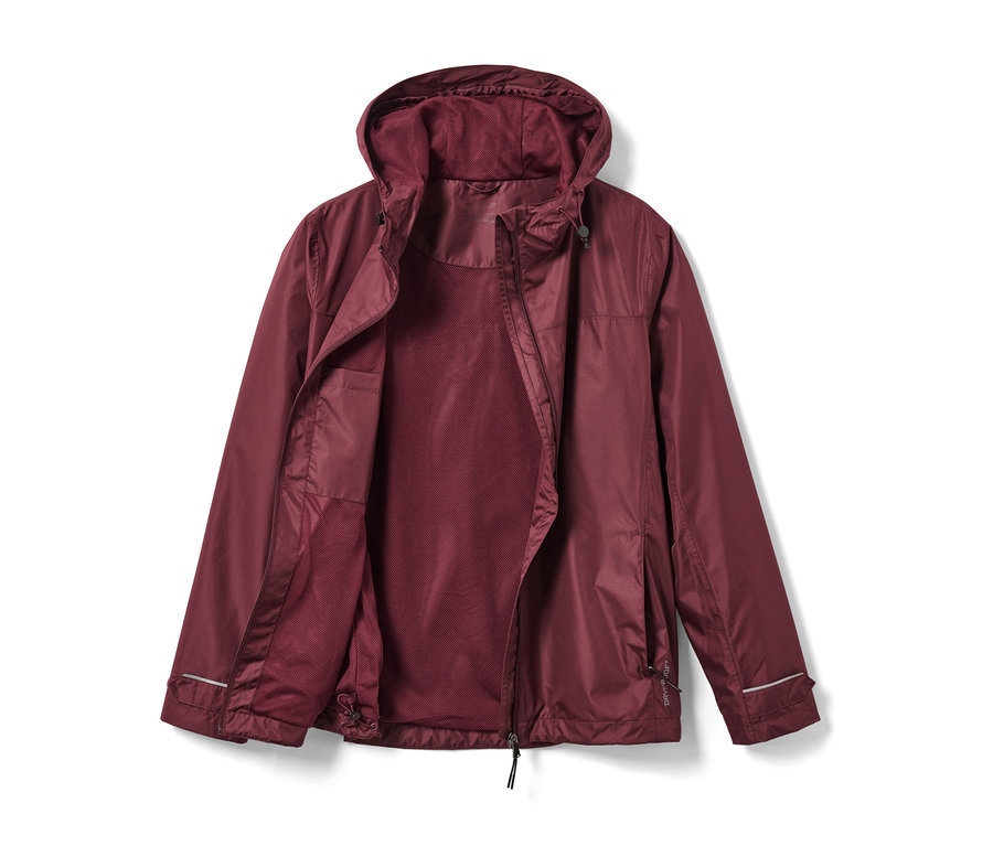 Veste de pluie bordeaux ouverte avec fermeture éclair.