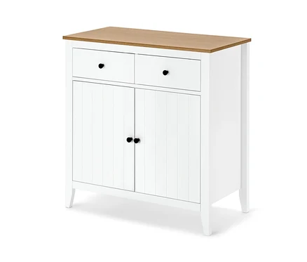 Buffet blanc avec deux tiroirs et portes.