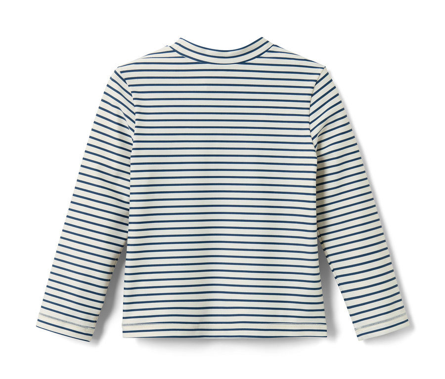 T-shirt rayé bleu et blanc à manches longues pour enfant avec protection UV 80 à plat.