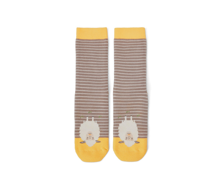 Deux paires de chaussettes antidérapantes pour enfant avec rayures marron et motif de mouton.