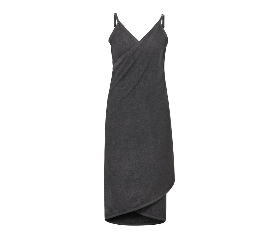 Une robe-drap de bain anthracite avec bretelles.