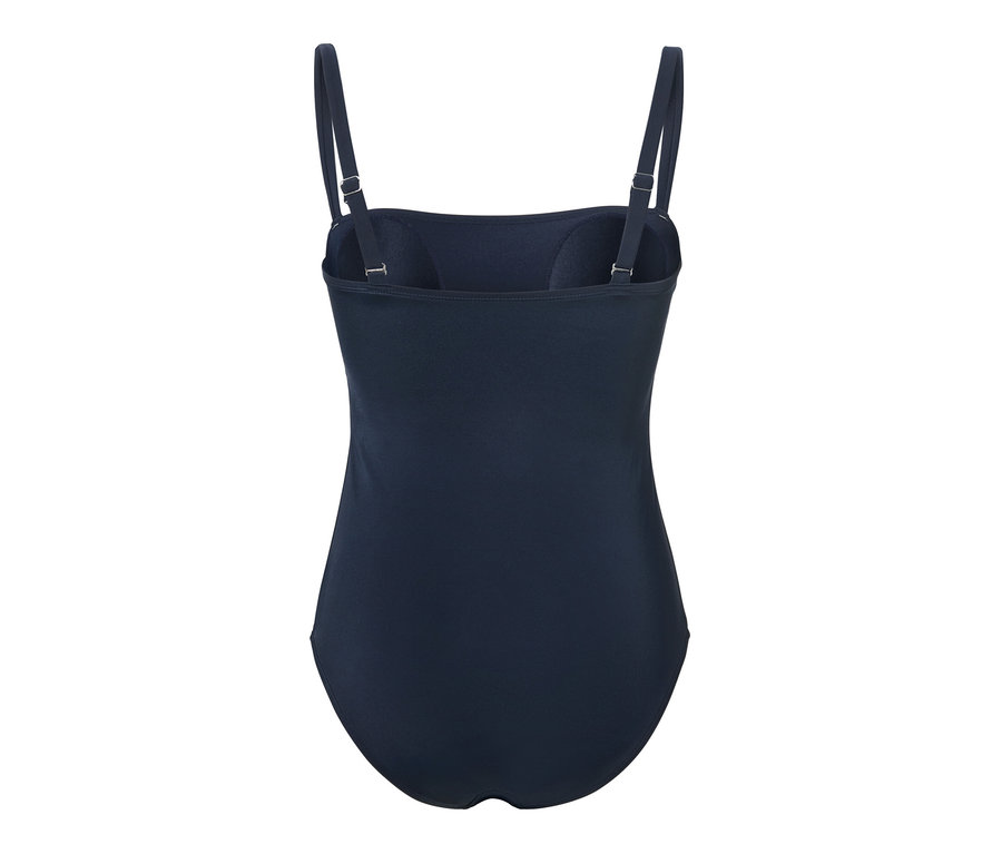 Vue détaillée d'un maillot de bain bleu marine à bretelles.