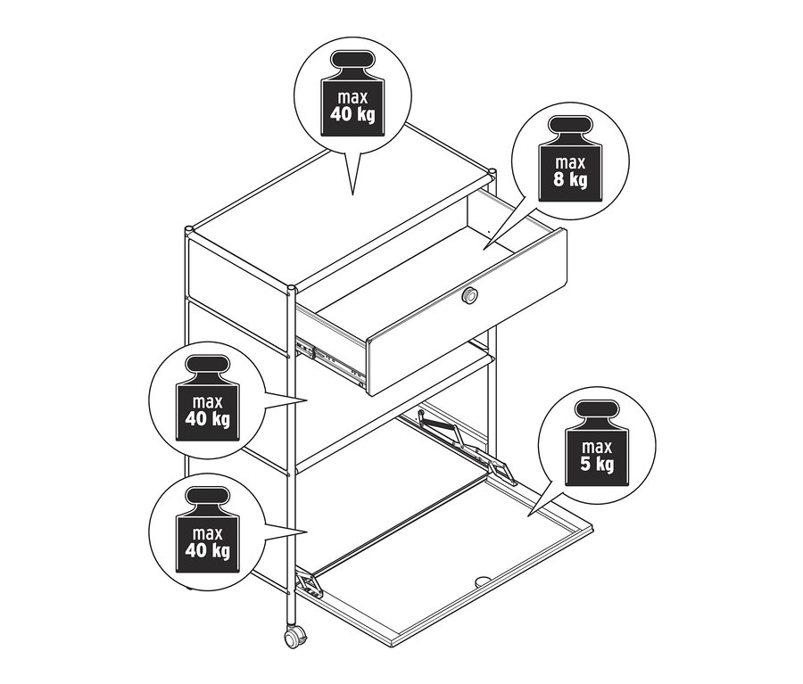 Schéma d'une commode métallique « CN3 » avec 1 tiroir et 1 compartiment à abattant, comprenant des indications de poids.