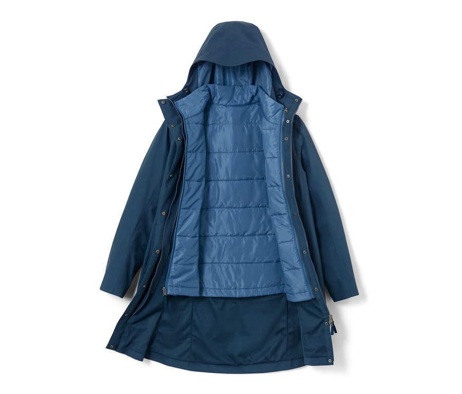 Manteau technique 3 en 1 ouvert avec gilet sans manches bleu marine.