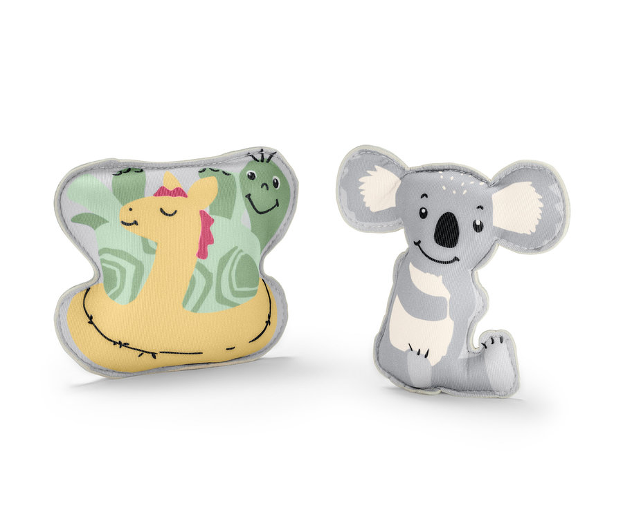 Deux petits animaux à immerger : un lion de mer jaune et un koala gris.