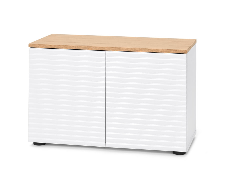 Banc blanc avec espace de rangement et plateau en bois clair.