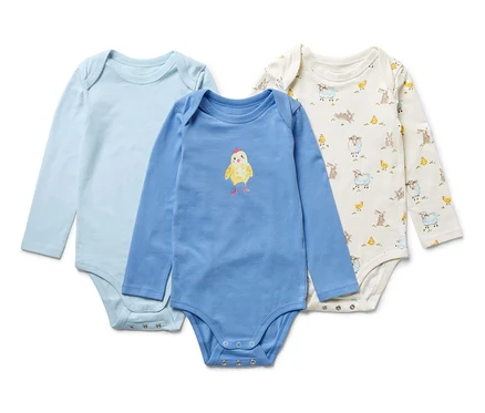 Trois bodys bleus pour bébé avec fonction évolutive.