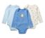Trois bodys bleus pour bébé avec fonction évolutive.