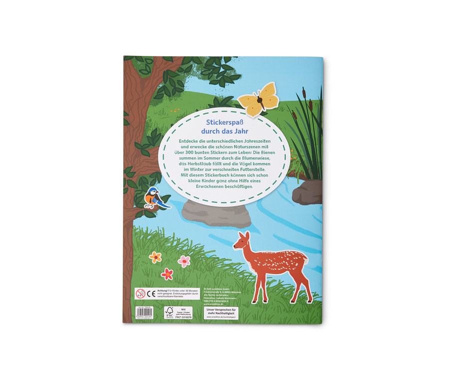 Dos du livre Mon livre d’autocollants « Les 4 saisons » (en allemand) avec une illustration d'un cerf près d'un ruisseau, d'un arbre, d'un oiseau et d'un papillon.