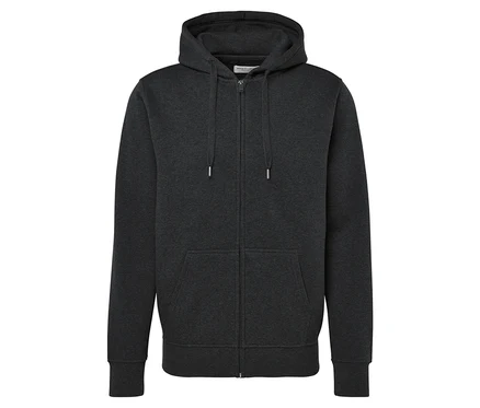 Sweat à capuche gris avec fermeture éclair et poches kangourou.