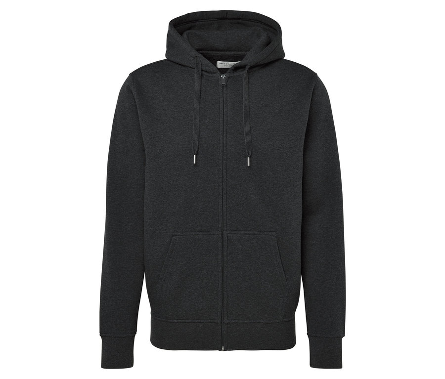 Sweat à capuche gris avec fermeture éclair et poches kangourou.