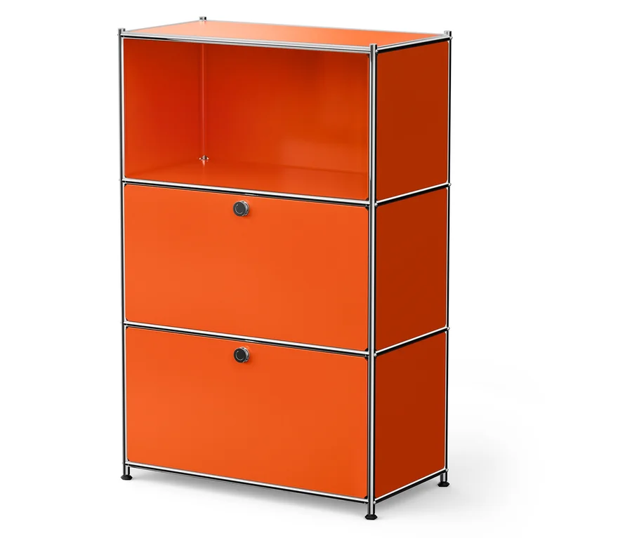 Étagère modulaire orange avec deux tiroirs et une étagère supérieure ouverte.