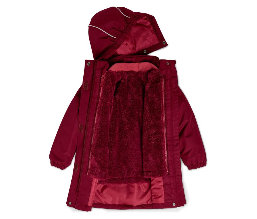 Veste bordeaux ouverte avec capuche et doublure en peluche.
