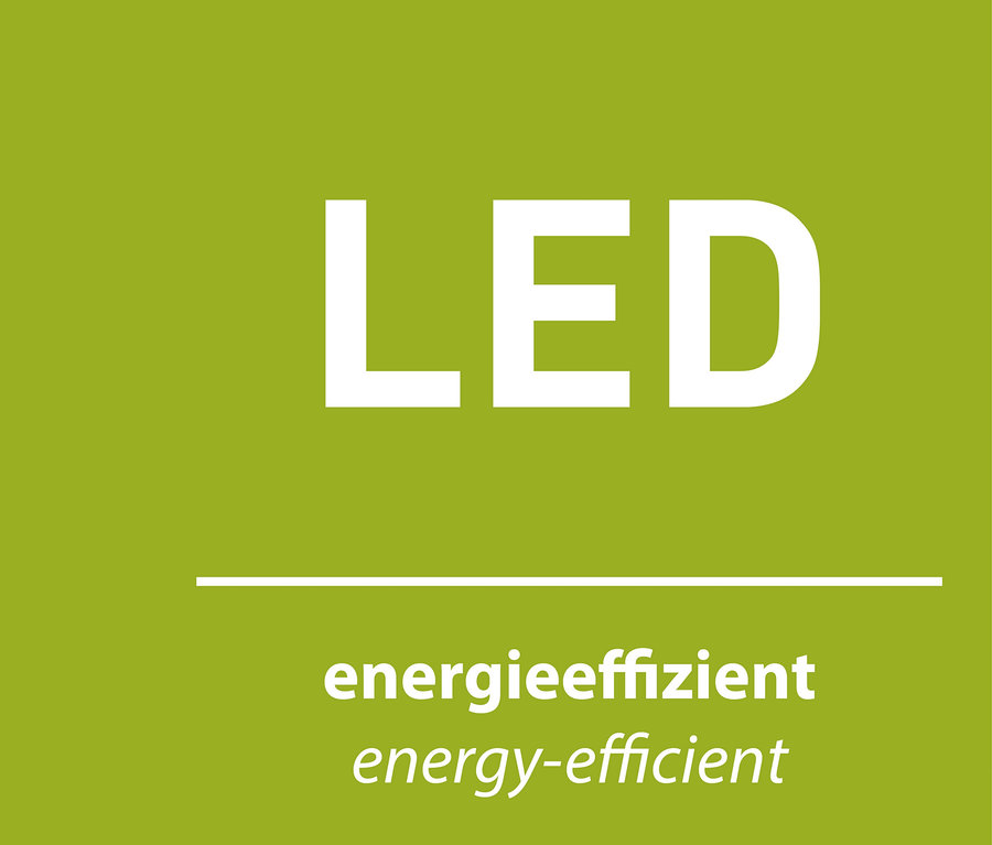 Fond vert avec le texte blanc "LED", une ligne horizontale et le texte "energieeffizient energy-efficient".
