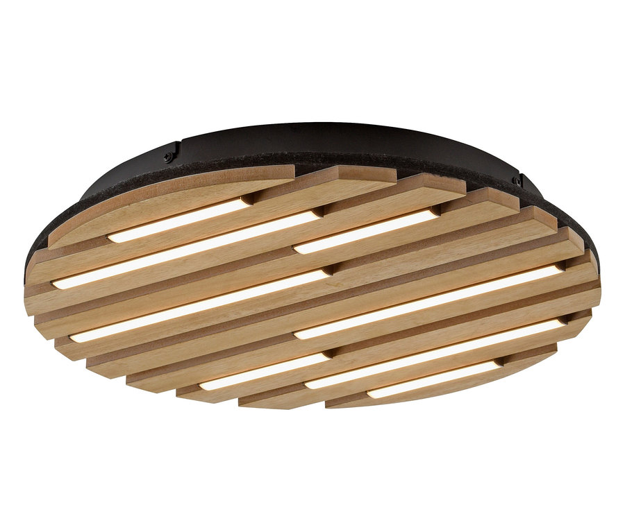 Plafonnier rond avec des lamelles en bois et un éclairage LED intégré.