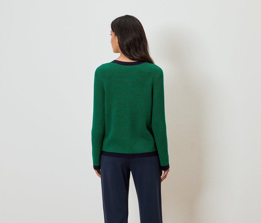 Vue de dos d'une femme aux longs cheveux foncés portant un pull vert avec une bordure bleu marine et un pantalon bleu marine.
