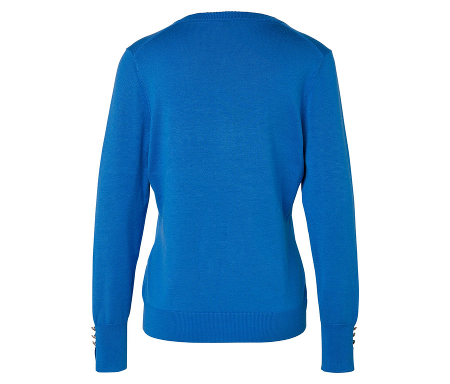 Vue arrière d'un pull bleu à manches longues.