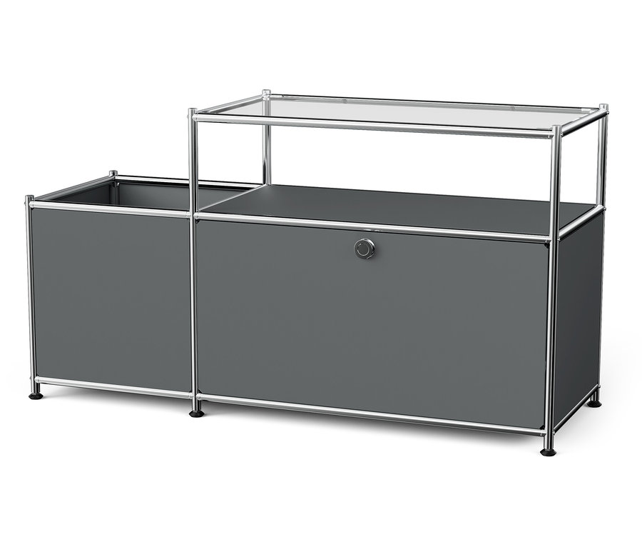 Meuble bas en métal « CN3 » gris avec abattant et plateau de verre.