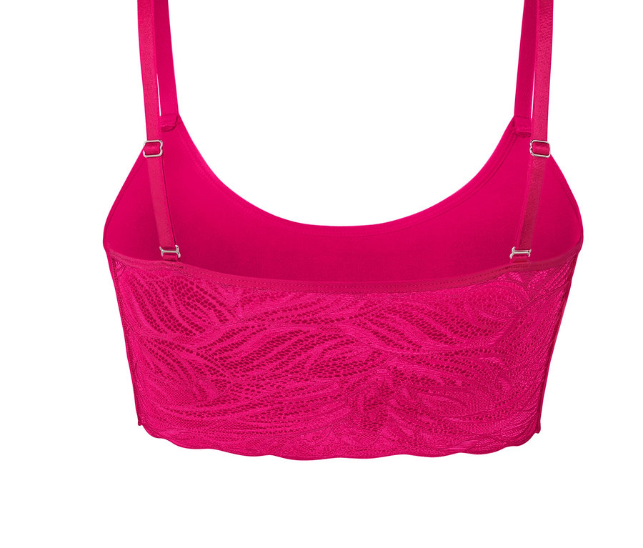 Vue de dos d'une brassière sans coutures fuchsia avec dentelle et bretelles réglables.