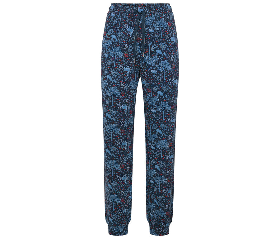 Pantalon de jogging bleu avec motif d'arbres et de cerfs.