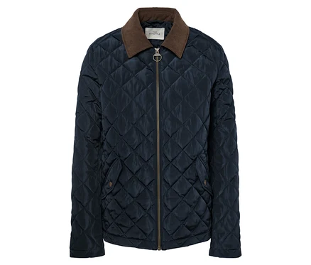 Veste matelassée bleu marine avec col en velours côtelé marron et fermeture éclair dorée.