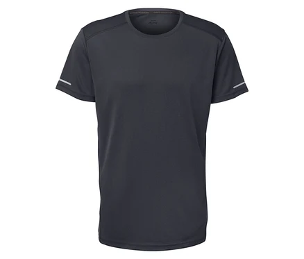 T-shirt de sport noir à manches courtes avec des bandes réfléchissantes sur les manches.