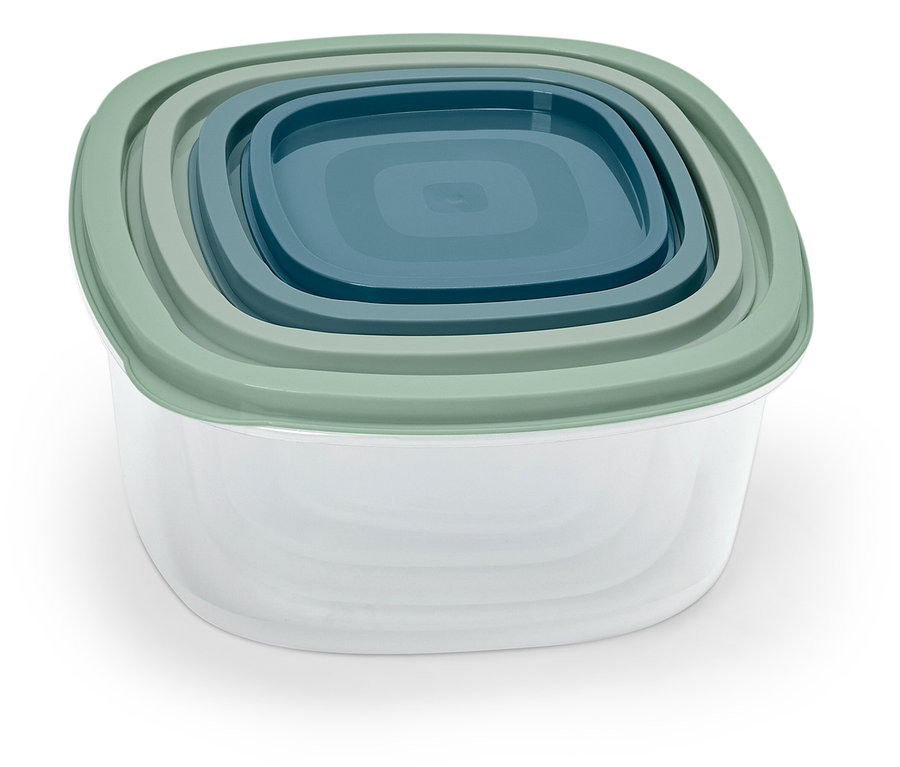 Un ensemble de trois récipients alimentaires carrés en plastique avec des couvercles de différentes tailles, empilés les uns dans les autres.