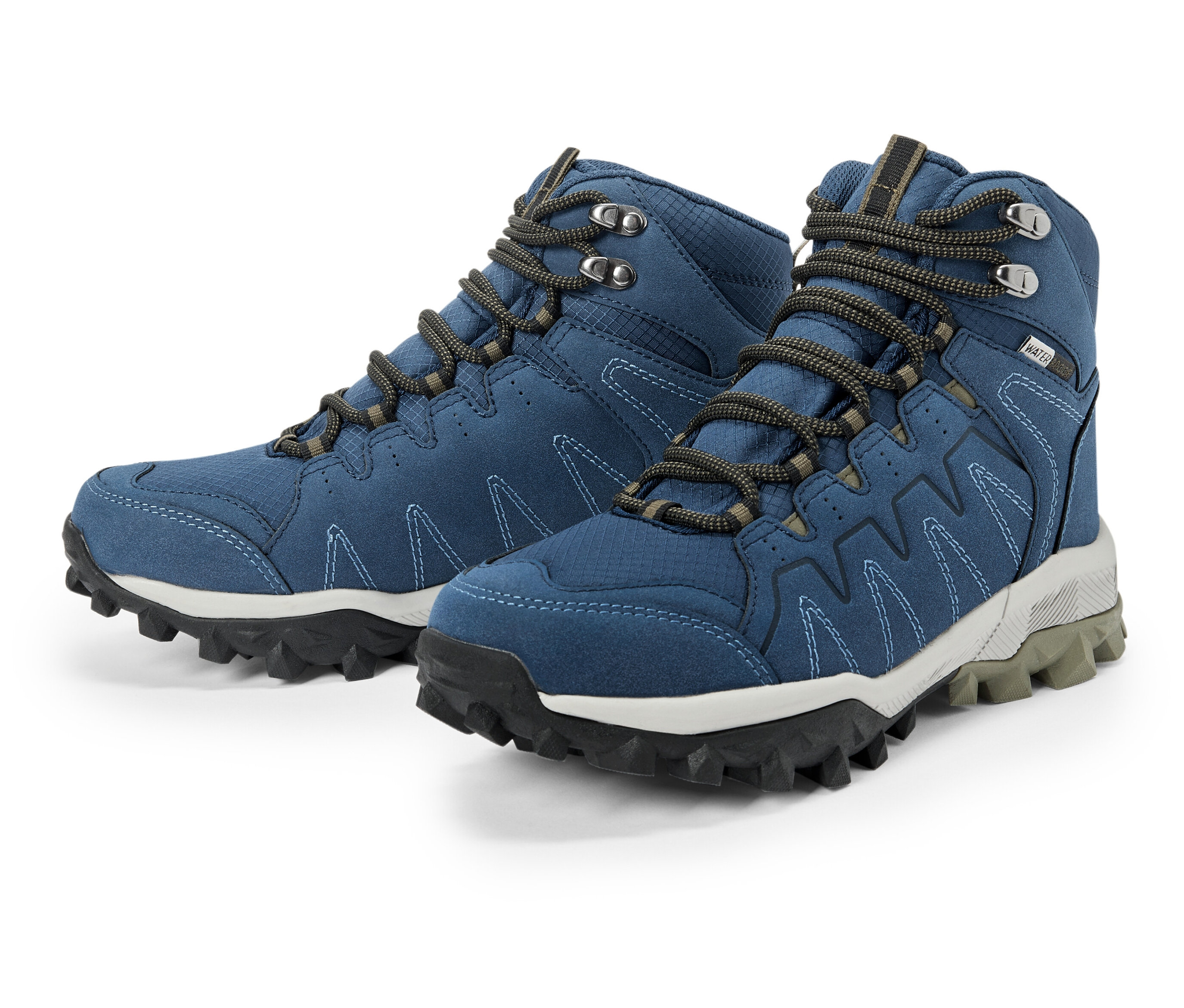 Deux chaussures de randonnée bleues avec des lacets gris et une semelle noire.