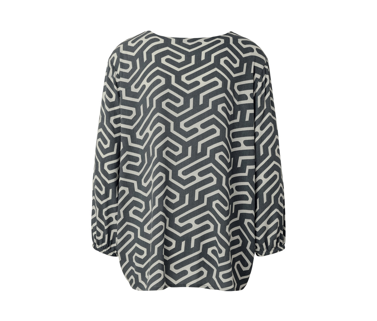 Blouse grise aspect froissé à motif géométrique.