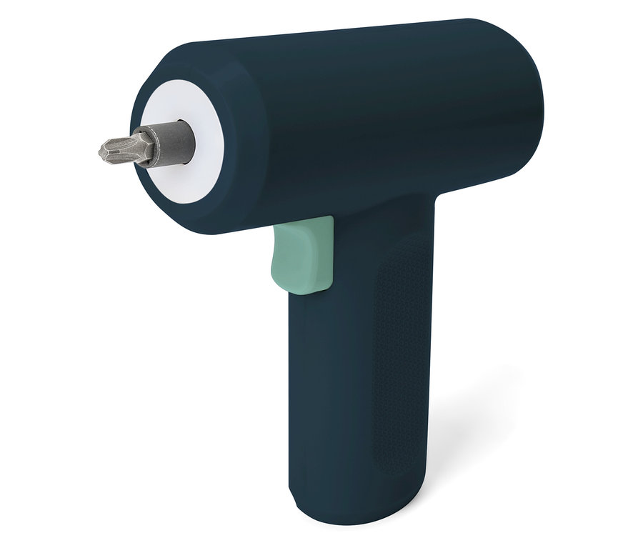 Gros plan d'un mini-tournevis sans fil bleu 3,6 V.