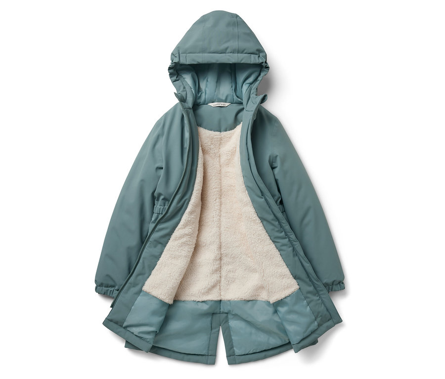 Parka thermique ouverte pour enfant bleu clair avec capuche et doublure en fourrure blanche.