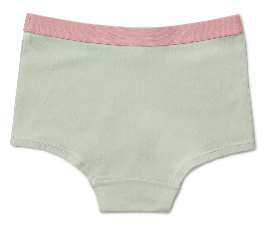 Une culotte de fille vert menthe avec une ceinture rose.