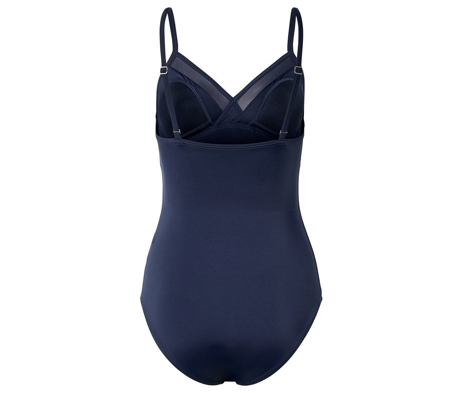 Vue arrière d'un maillot de bain bleu marine à fines bretelles.
