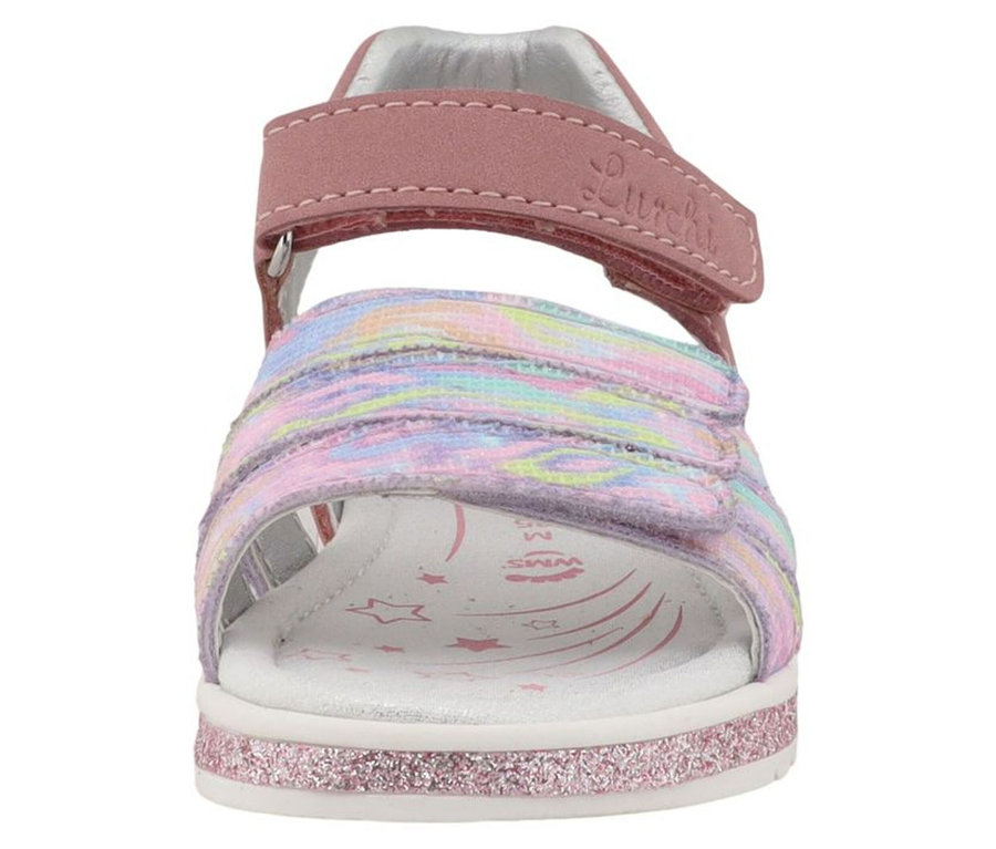 Sandales pour fille « Cimbaly 2 » de LURCHI, roses avec des brides multicolores, des fermetures auto-agrippantes et des détails pailletés sur la semelle.