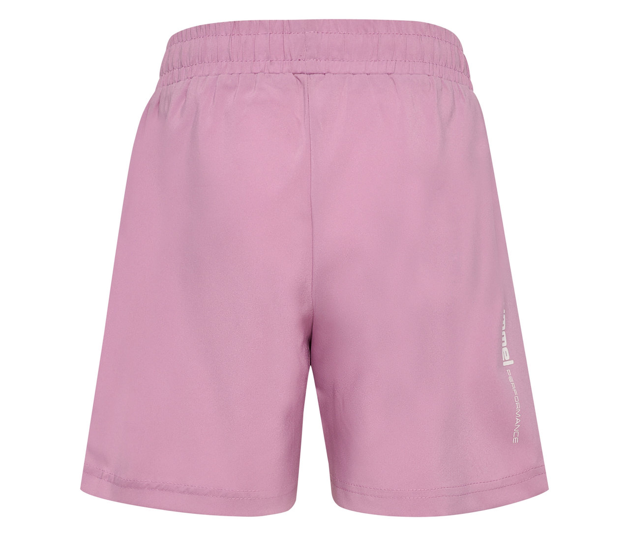 Vue arrière d'un short rose avec une taille élastique et un petit logo vertical réfléchissant sur la jambe.
