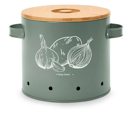Une boîte de rangement grise avec un couvercle en bois et des motifs de légumes se trouve sur un fond blanc.