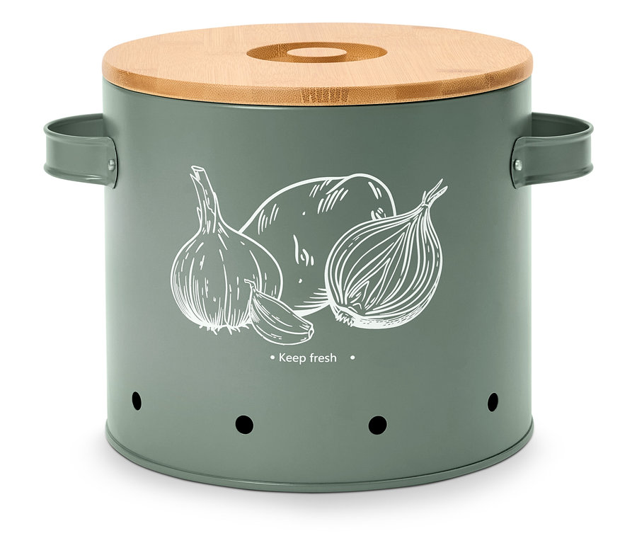 Une boîte de rangement grise avec un couvercle en bois et des motifs de légumes se trouve sur un fond blanc.