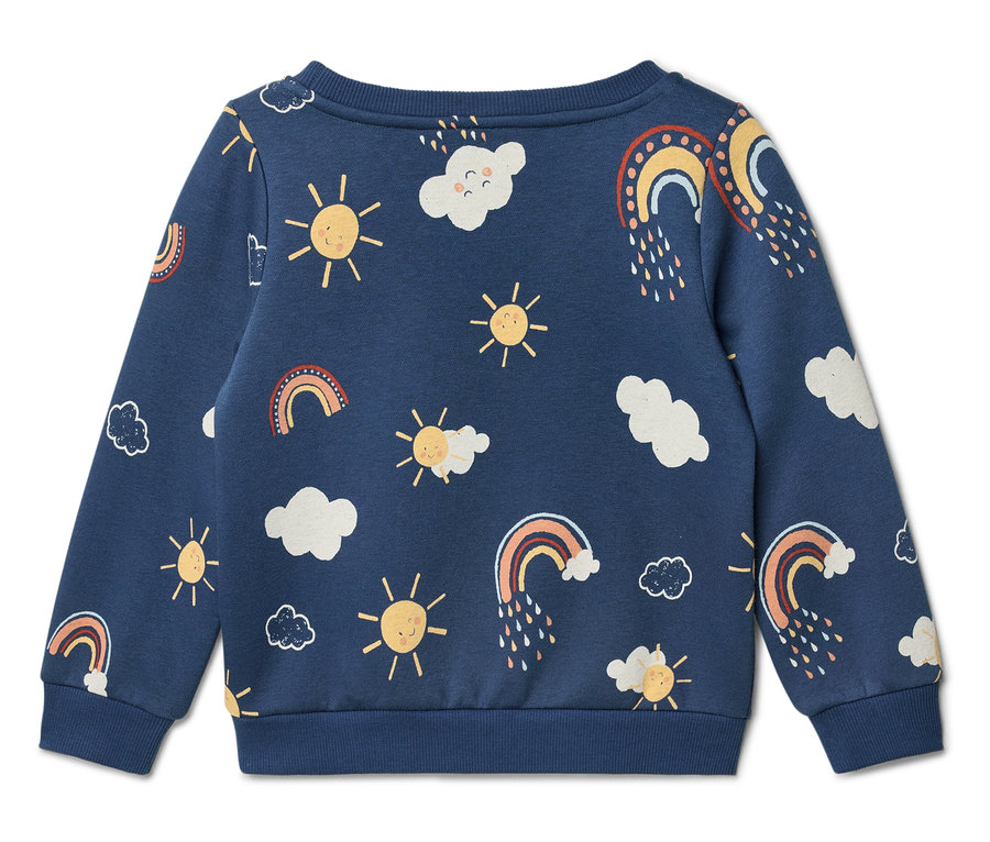 Pull bleu marine à motifs soleil, nuage et arc-en-ciel.